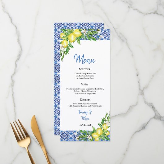 Italian Blue tile Lemon Wedding Reception menu (Devant/Arrière en situation)