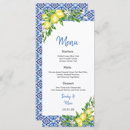 Italian Blue tile Lemon Wedding Reception menu (Devant / Derrière)