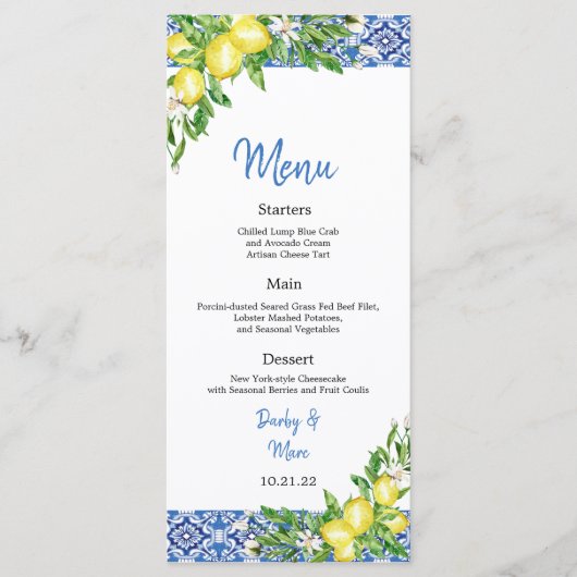 Italian Blue tile Lemon Wedding Reception menu (Devant)