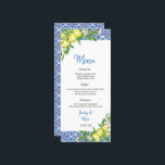 Italian Blue tile Lemon Wedding Reception menu<br><div class="desc">Our Blue Tile Amalfi Coast wedding dinner menu card is perfect for an elegant wedding. The modern rustic yet elegant design features romantic watercolor flowers and lemons in soft tones of yellow , green, and cream white with blue tile accents. This menu can be used for a wedding reception, rehearsal...</div>