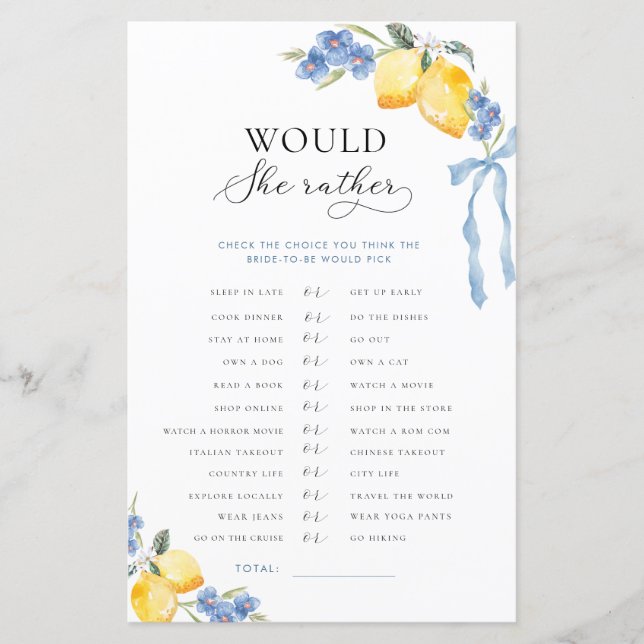 Italian Bow & Lemons Bridal Would She Rather Game (Voorkant)