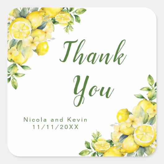 Italian Lemon Greenery Lijst Wedding Bedankt Vierkante Sticker (Voorkant)
