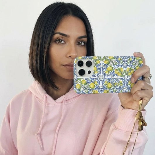 Italian Mediterranean Blue Tile Lemon Pattern iPhone Hoesje