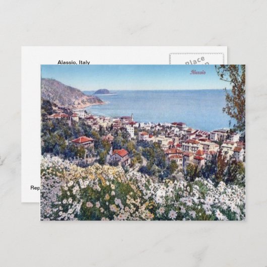 Italië, Alassio, Flowers en een zee uitzicht Briefkaart (Voorkant / Achterkant)