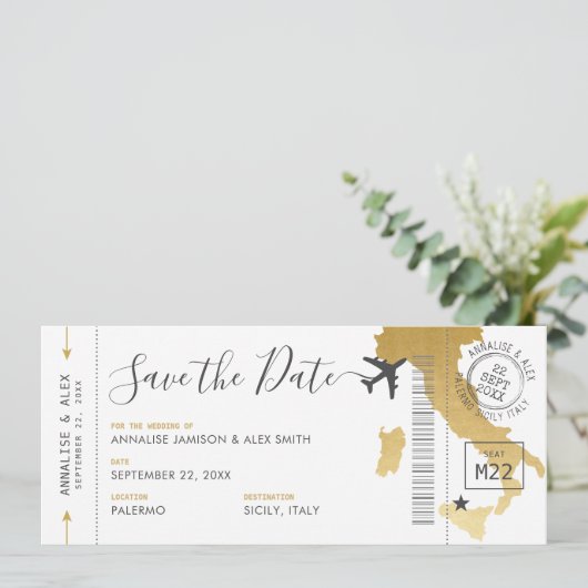 Italië Bestemmingsinstapkaart Opslaan datum goud Kaart (Staand voorkant)