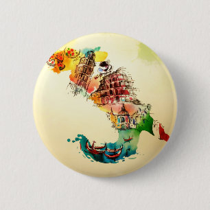 Italië Kaart City Travel Love Waterverf Ronde Button 5,7 Cm