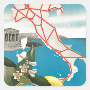 Italië Kaart Lemons Vintage Reizen Poster Vierkante Sticker