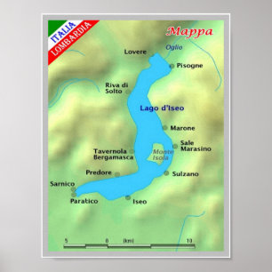 Italië - Lombardije - meer van Iseo - Kaart - Poster