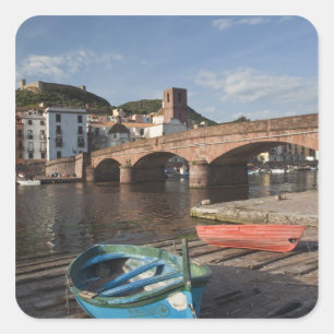 Italië, Sardinië, Bosa. Stadsgezicht langs Temo Vierkante Sticker