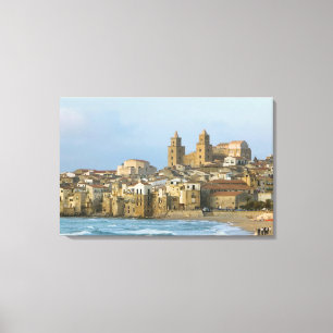 Italië, Sicilië, Cefalu, Gezicht met Duomo vanaf 2 Canvas Afdruk
