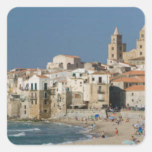 Italië, Sicilië, Cefalu, Uitzicht met Duomo uit Vierkante Sticker