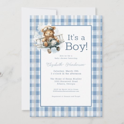 It's a Boy Blue Airplane Baby Shower Invitation (Devant)