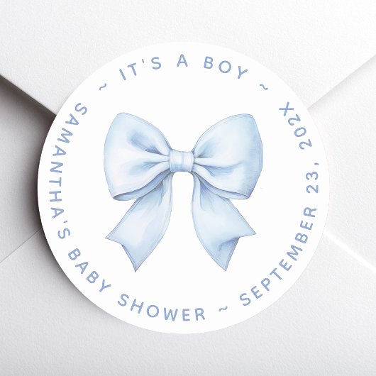 It's a Boy Blue Bow Baby Shower  Ronde Sticker