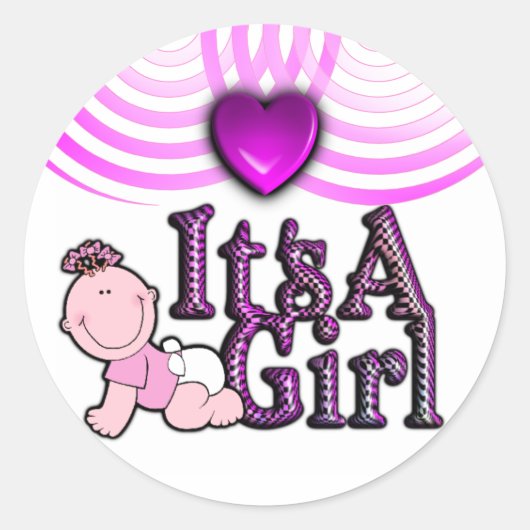 It's A Girl Checked Pink Text met Baby Sticker Bla (Voorkant)