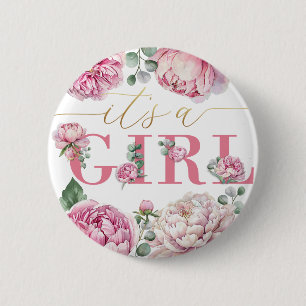 "It's a Girl" Waterverf Bloemen Baby shower Button