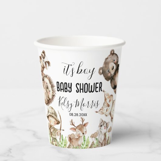its boy Rustic Woodland Baby Shower Invite Papieren Bekers (Voorkant)