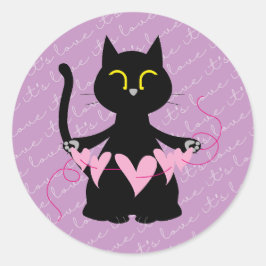 IT'S LOVE - Schattigee zwarte kat en harten Sticke Ronde Sticker