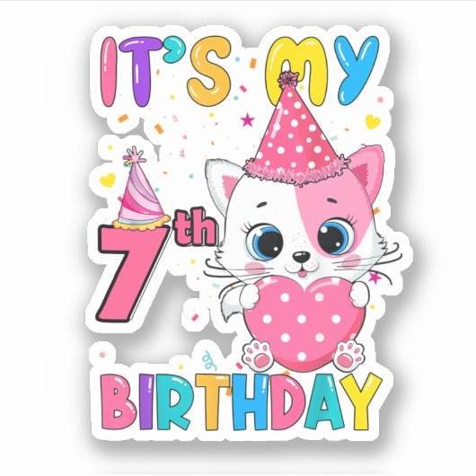 It'S My 7Th Birthday Girl Funny Cat Sticker (Voorkant)