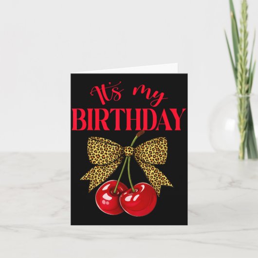 It's My Birthday Cute Cherry Leopard Coquette Bow  Kaart (Voorkant)