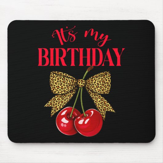 It's My Birthday Cute Cherry Leopard Coquette Bow  Muismat (Voorkant)