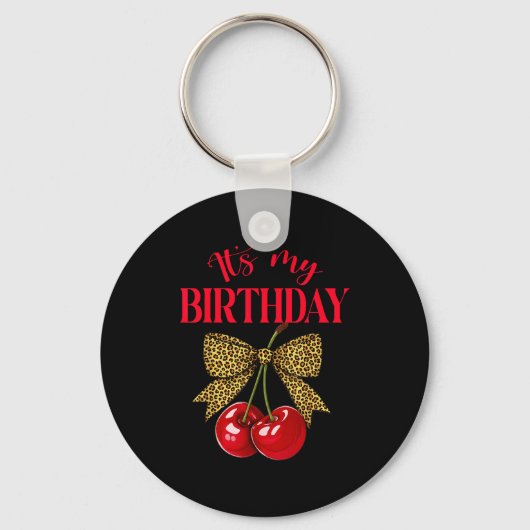 It's My Birthday Cute Cherry Leopard Coquette Bow Sleutelhanger (Voorkant)