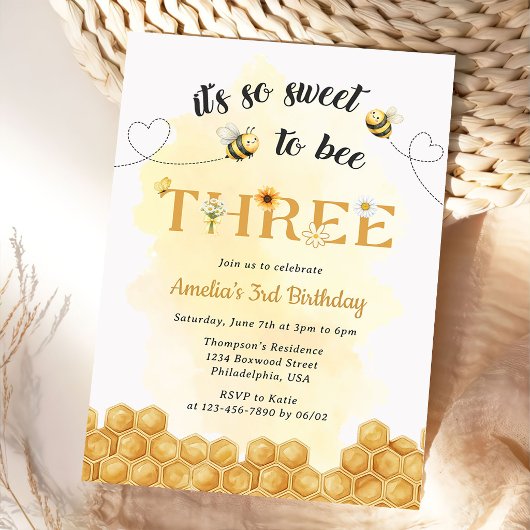 It's So Sweet To Bee 3rd Birthday Invitation