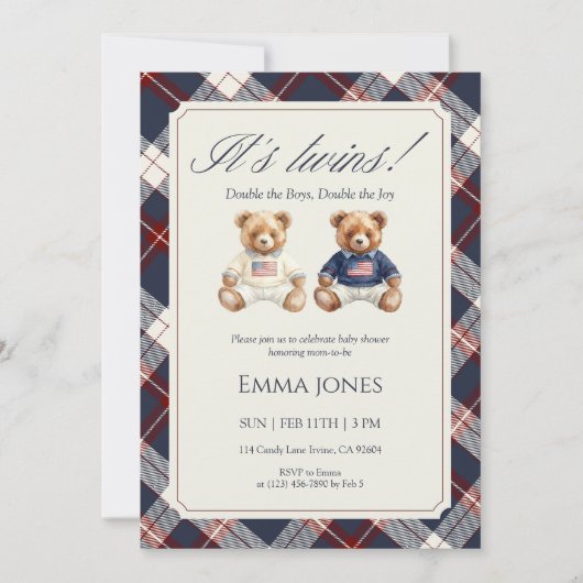 Its Twins Double Plaid teddy bear Baby Shower Kaart (Voorkant)