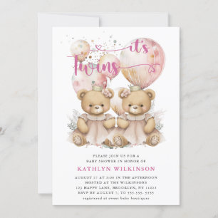 IT'S TWINS roze ballonnen Teddy Bears Baby shower Kaart