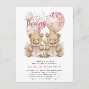 IT'S TWINS roze ballonnen Teddy Bears Baby shower Uitnodiging Briefkaart