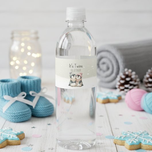 Its Twins Winter penguin Baby Shower theme Waterfles Etiket