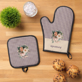 Ivery Top met Paarse strepen Bloemen Ovenwant & Pannenlap Set
