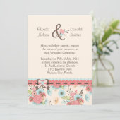 Ivoire, bleu et corail Faire-part de mariage flora (Debout devant)