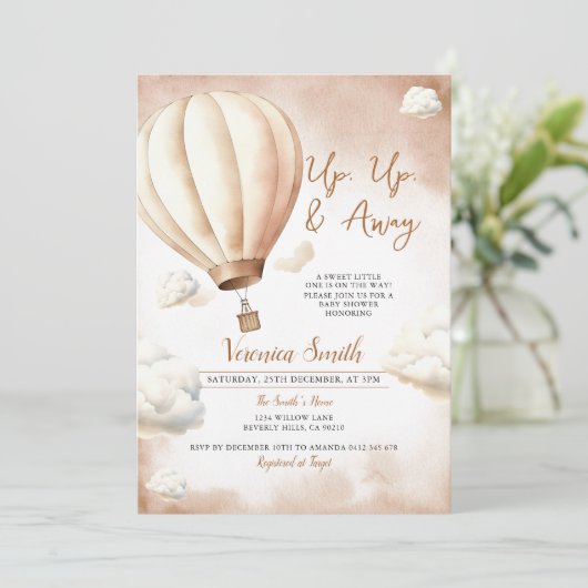 Ivoor Baby shower hete luchtballon, omhoog en weg Kaart (Staand voorkant)