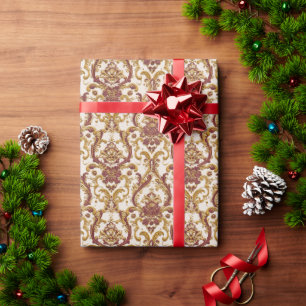Ivoor Barok Ornament met Goud en Burgundy Cadeaupapier
