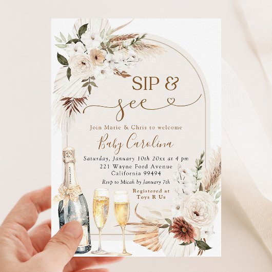 Ivoor Beige Boho Bloemen Sip en Zie Baby shower Kaart