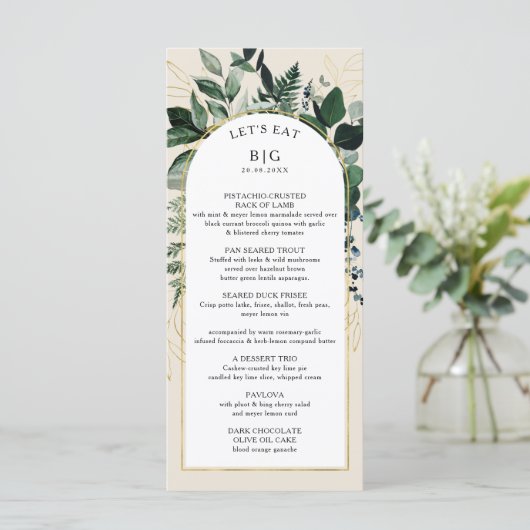 Ivoor beige elegante moderne botanische boog bruil menu (Staand voorkant)