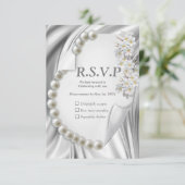 Ivoor, blauw, groene gouden zijde en parels RSVP kaartje (Staand voorkant)