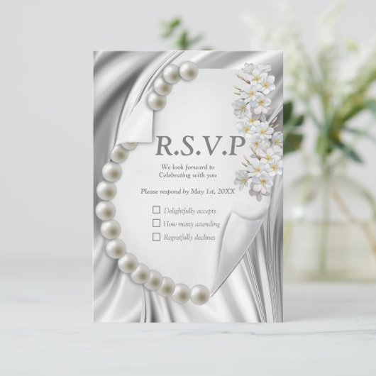 Ivoor, blauw, groene gouden zijde en parels RSVP kaartje (Staand voorkant)