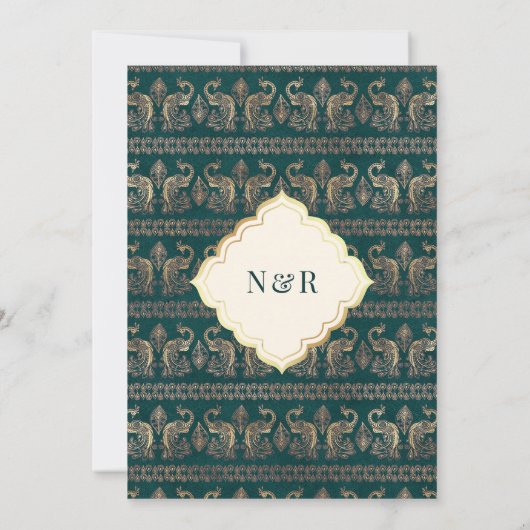 Ivoor Blauwgroen Peacock Anand Karaj Sikh Bruiloft Kaart (Achterkant)