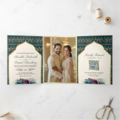 Ivoor Blauwgroen Peacock Patroon Bloemen Indische Drieluik Uitnodiging (Binnen)