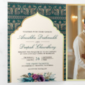 Ivoor Blauwgroen Peacock Patroon Bloemen Indische Drieluik Uitnodiging (Binnenzijde eerst)