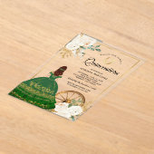 Ivoor Bloemen Groene Jurk Charro Goud Quinceanera Acryl Uitnodigingen (Laagn)