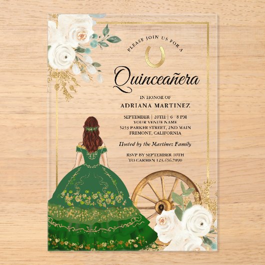 Ivoor Bloemen Groene Jurk Charro Goud Quinceanera Acryl Uitnodigingen (Voorkant)