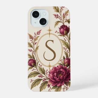 Ivoor Bourgondië Pioen Botanisch Monogram iPhone 15 Hoesje