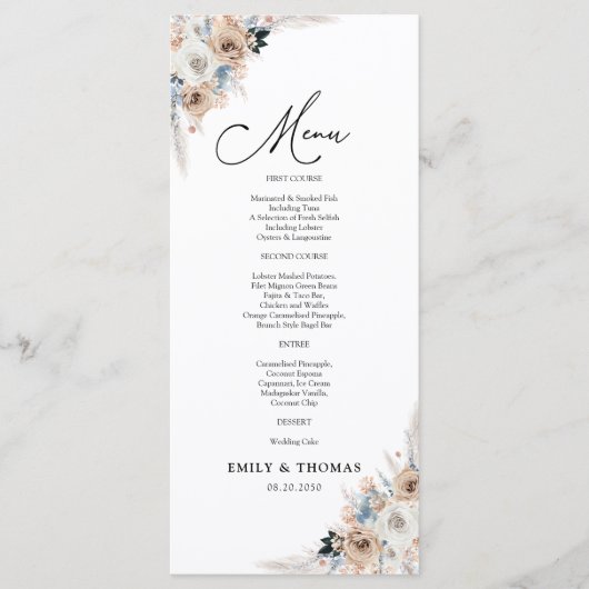 Ivoor en blauw Boho Bloemen Trouwceremonie Menu (Voorkant)