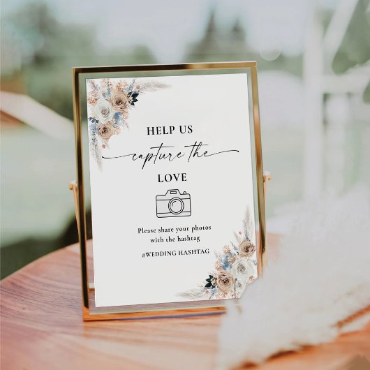 Ivoor en blauwe boho helpen ons het liefdesteken v reclamebord met voetstuk