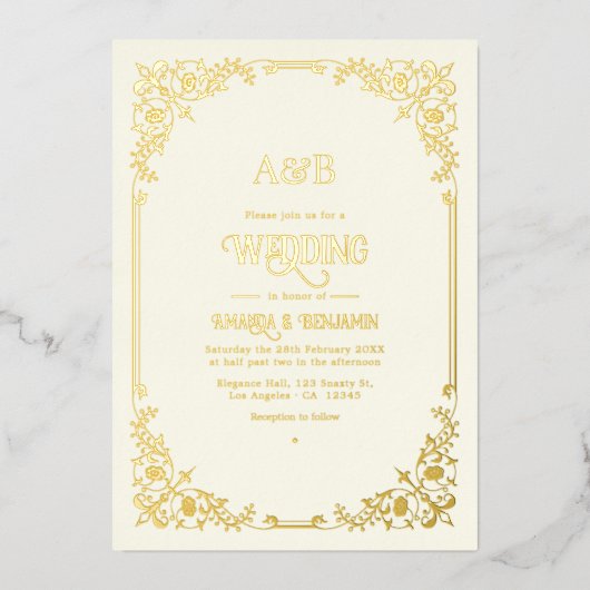 Ivoor en goud oude geld esthetische bruiloft folie uitnodiging (Voorkant)