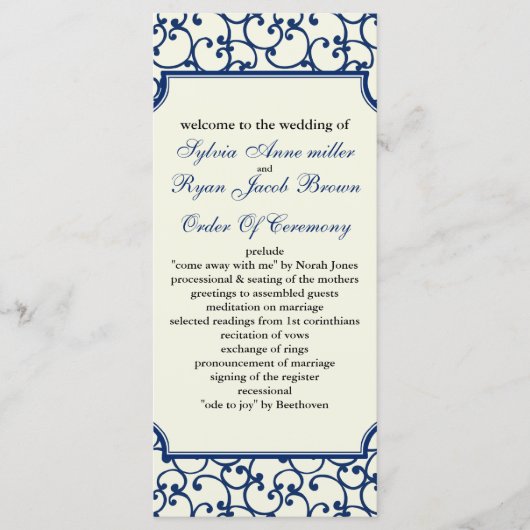 Ivoor en koninklijk blauw Bruiloftsprogramma Programma (Voorkant)