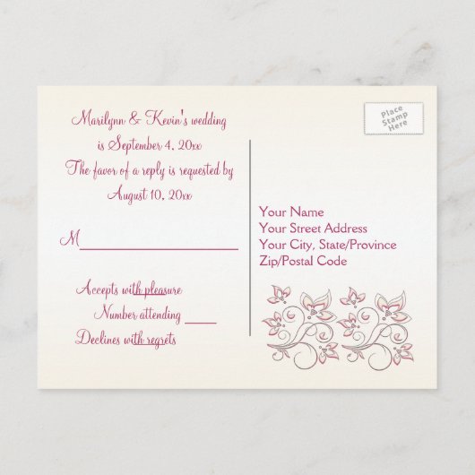 Ivoor en Roze Bloemen R.S.V.P. Briefkaart (Achterkant)
