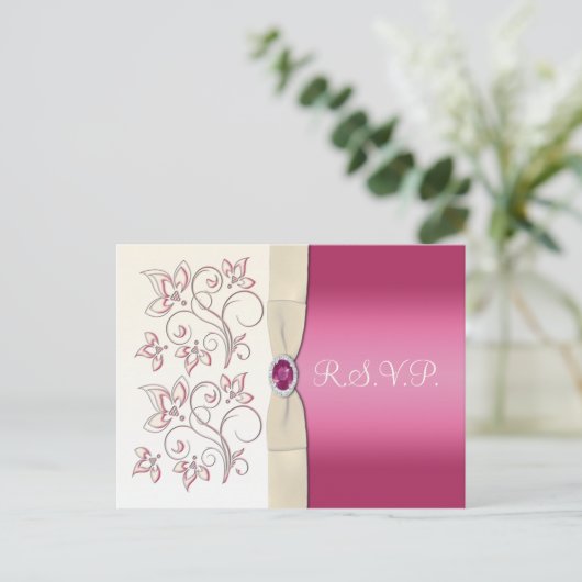 Ivoor en Roze Bloemen R.S.V.P. Briefkaart (Staand voorkant)
